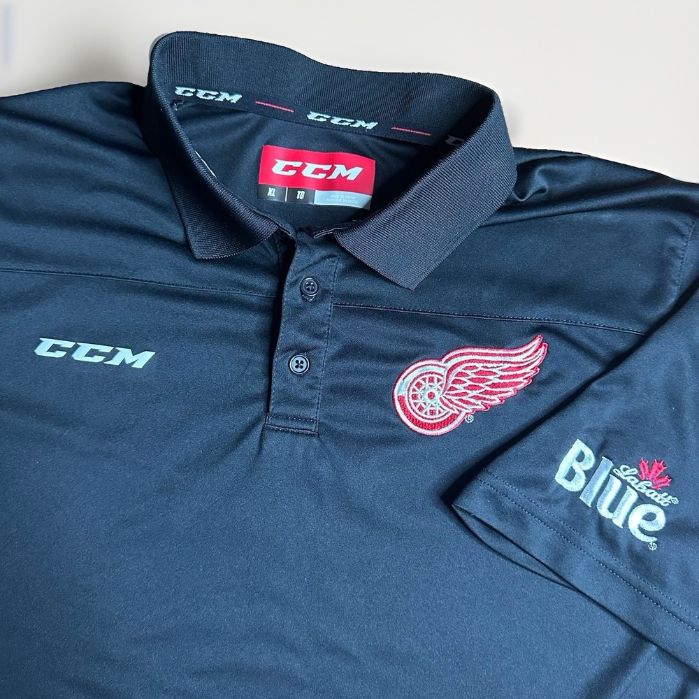 CCM Detroit Red Wings Polo Shirt Mens XL Black Labatt Blue Trainer Tactical Dry